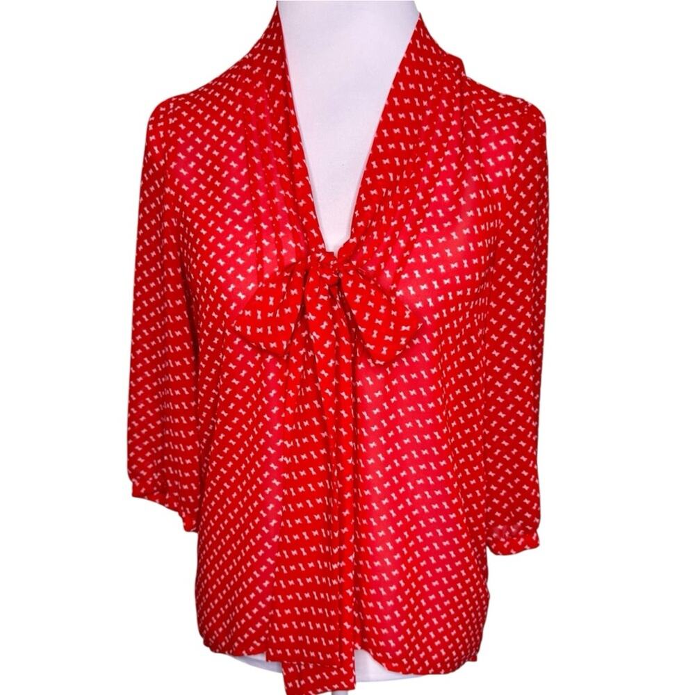 Pins & Needles Red Bow Sheer Chiffon Tie Blouse Bow Print Size Medium
